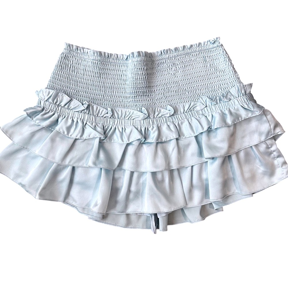 Day + Moon Blue Ruffle Mini‎ Skirt Smocked Waist Tiered Women's Size L